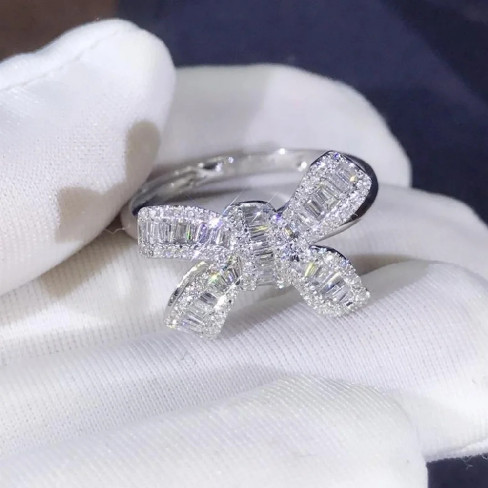 *NEW 925 Sterling Silver Diamond Baguette Bow Ring